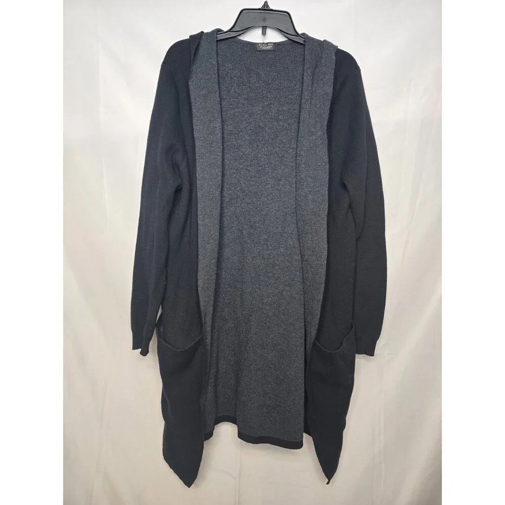 Zara Man Black Gray Hooded Long Sleeve Knit Open Front Cardigan Size M